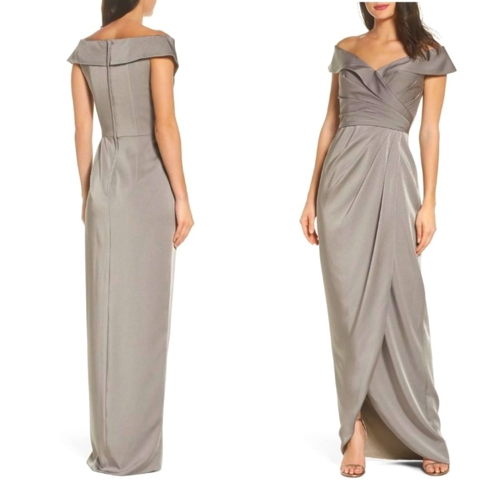 NWT LA FEMME Surplice Off the Shoulder Column Gown